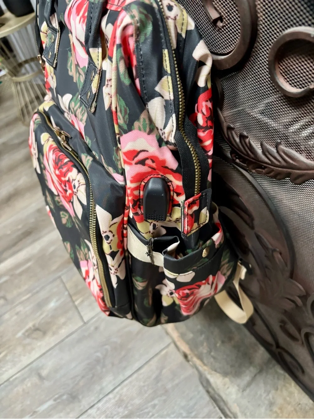 Floral Quilted Backpack Tote in Black and Pink Roses
